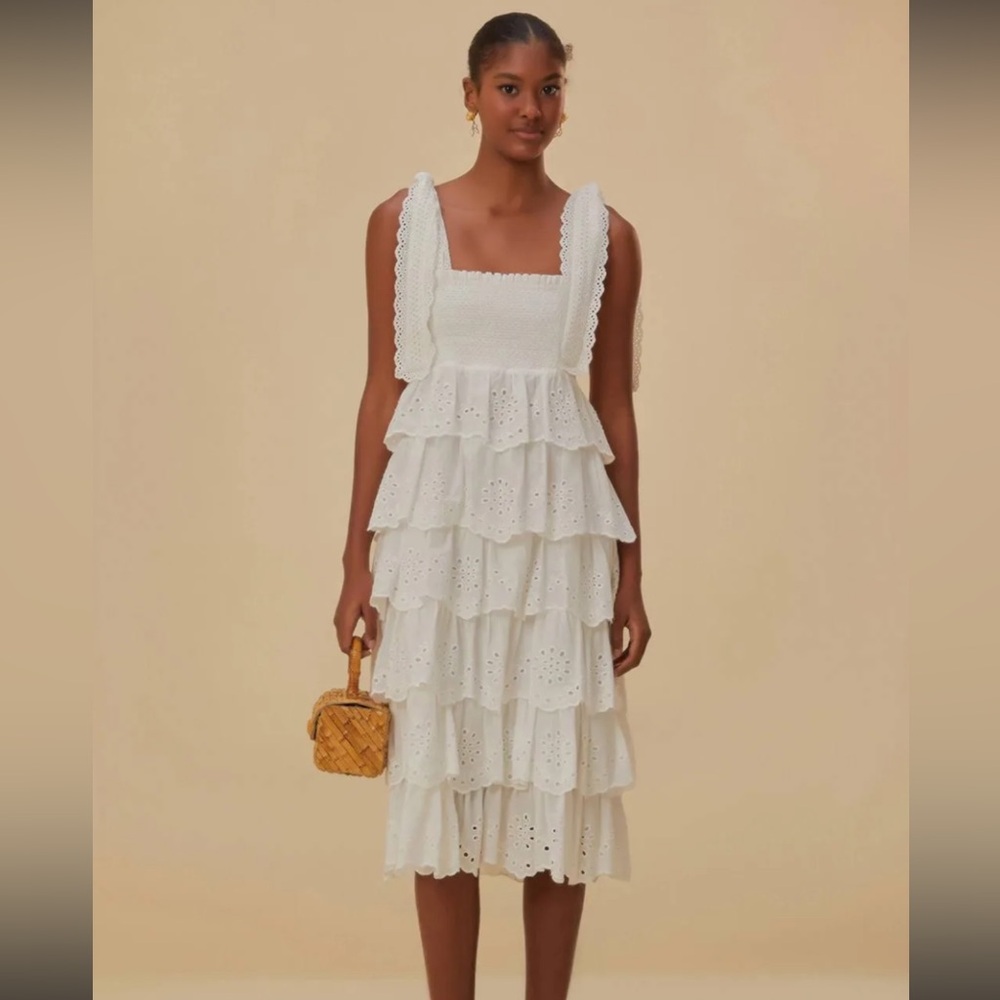 Farm Rio Ruffle Embroidery Midi Dress